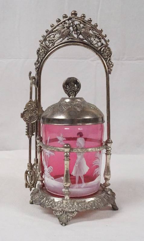 lot 6202 image: Beautiful Pink Glass - Table Server - (olives fruit candy) w tongs on a metal holder - Beautiful Piece