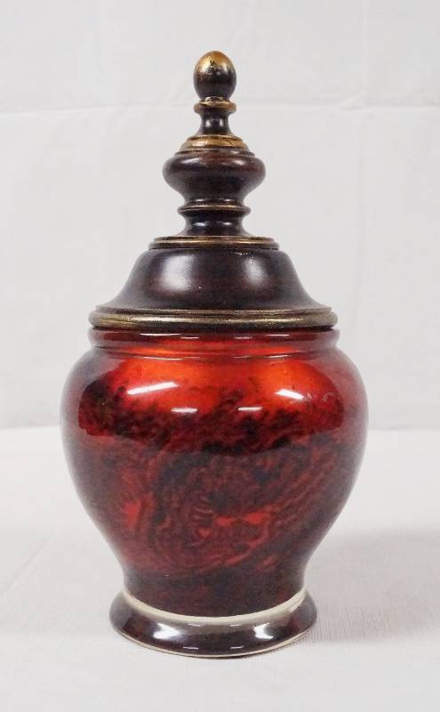 lot 6203 image: Ornate Red Jar w Marble Like Detailing- Very Beautiful