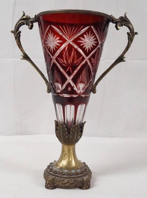 lot 6204 image: Beautiful Red Cut Glass Vase w metal base and accents - almost 12 tall - Pretty