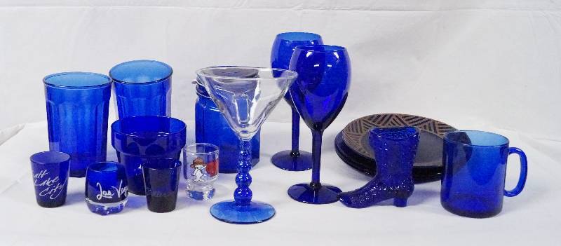 lot 6210 image: Large Lot of Cobalt Blue Glassware- Cups, Shot Glasses, and More See Pictures