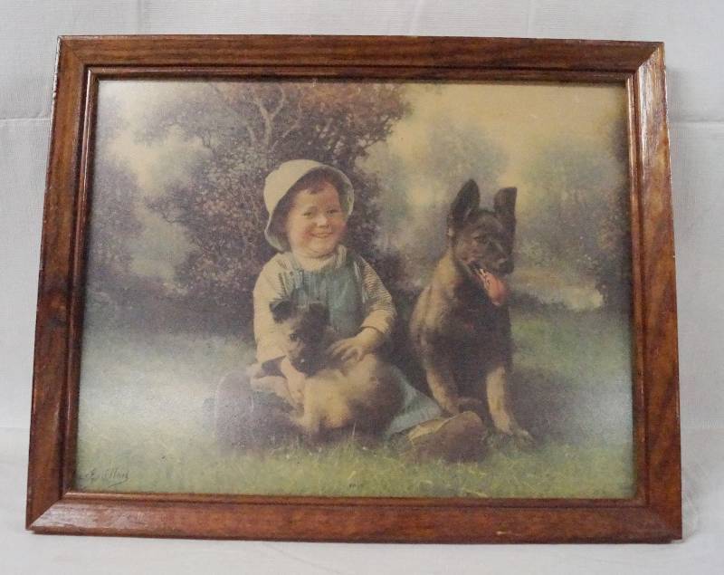 lot 6239 image: Framed Picture w Little Kid and Two Dogs- Adorable