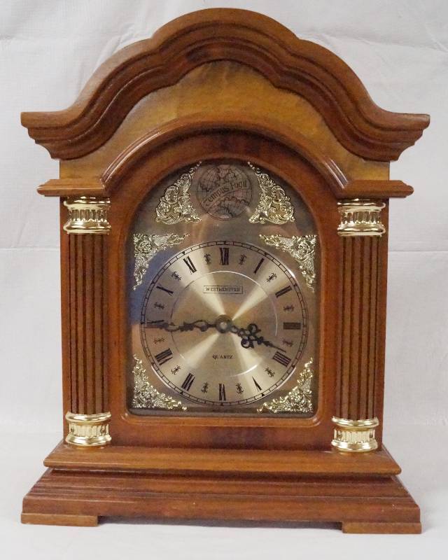 lot 6246 image: Tempus Fugit Wood Clock- Westminster- Quartz- Beautiful