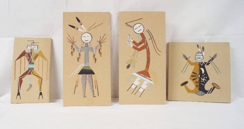 lot 6298 image: Lot of 4 - Native American Style Paintings on Boards - Notes on the backs of the boards - See pics - These are colorful