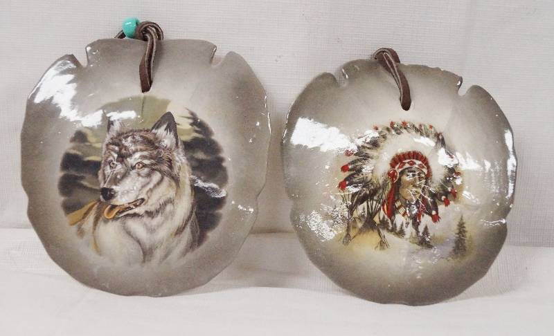 lot 6300 image: Lot of 2 Sand Dollars w Native American Indian and Wolf Images on them - Nice Condition