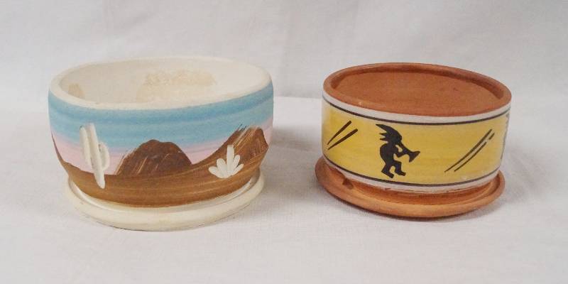 lot 6301 image: Lot of 2 Southwestern Style Planters - 1 is by Superstition Pottery 1 Features the Kokopelli symbol