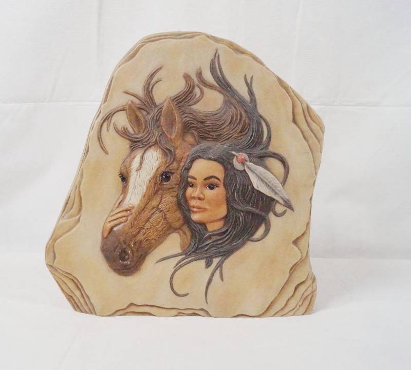 lot 6323 image: Native American Indian Woman and Her Horse - Pretty Ceramic, Painted Piece by Tsecho Tibetan - 10 Tall - NICE