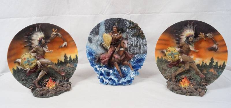 lot 6327 image: Lot of 3 - Native American Scene Figurines - Copyright GA - Excellent Condition