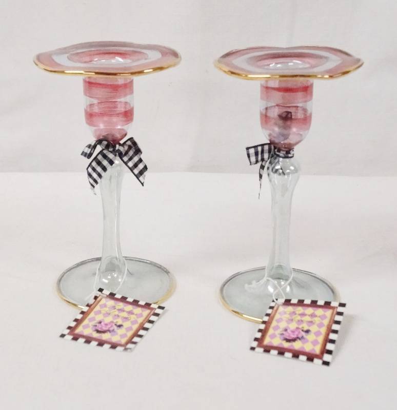 lot 6328 image: Lot of 2 Glass Taper Candle Stands by Timeless Accents - New w Tags - Gold Accents
