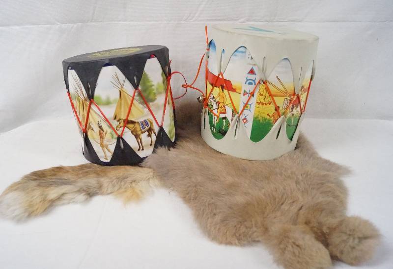 lot 6330 image: Lot of 2 Drums and Fur Pieces - Would be great accessories for the Native American Baby Dolls also on this auction