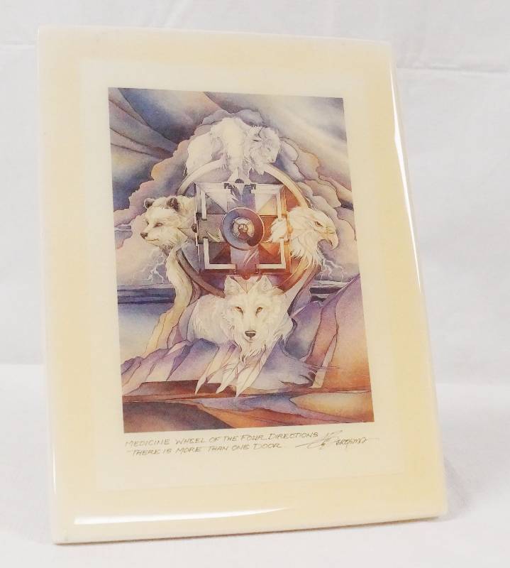 lot 6333 image: Beautful Artwork on Ceramic Tile by Famous Artist Jody Bergma - Featuring Native American Medicine Wheel - History on Back - Nice