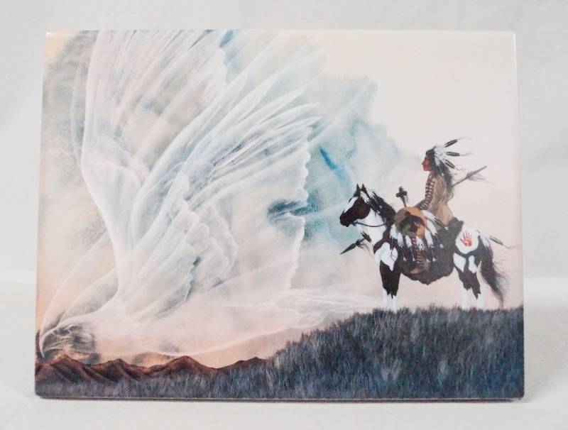 lot 6334 image: Beautiful Artwork on Ceramic Tile - by Master Artist Bill Rabbit - Cherokee Census Number CO 18530 - Gifts of the Great Spirit - History on Back - Nice