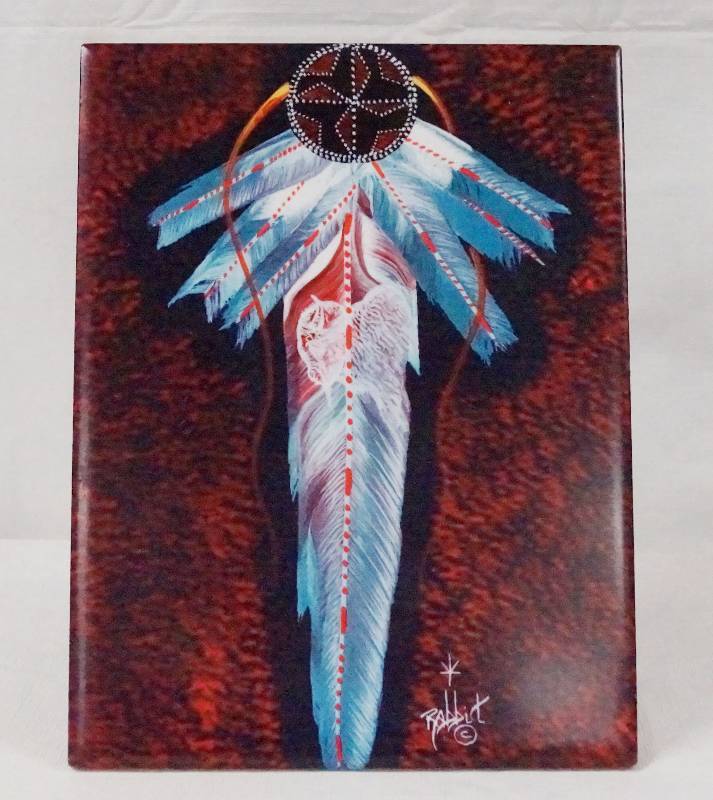 lot 6335 image: Beautiful Artwork on Ceramic Tile - by Master Artist Bill Rabbit - Cherokee Census Number CO 18530 - Gift of Life - History on Back - Nice