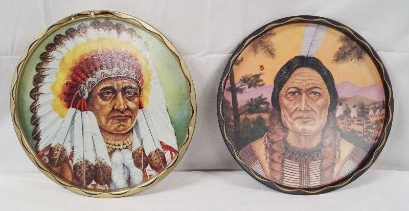 lot 6336 image: Lot of 2 - Metal Tin Portraits of Native American Indian Chiefs - COOL - See photos