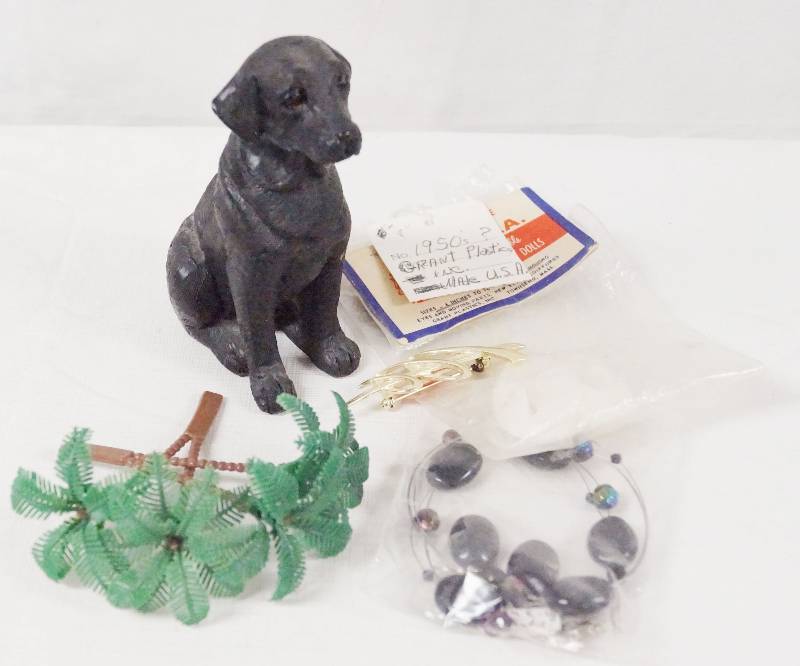 lot 6352 image: Lot of Misc - Beaded necklace, Vintage Doll Stand, Dog Figurine and More