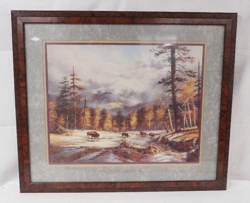 lot 6354 image: Very Nice Framed Buffalo Print w Mountains in the background - See pics for measurements