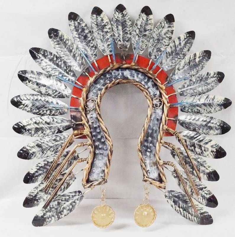 lot 6361 image: Native American Head Dress Wall Hanging - Metal, Large - Perfect Condition MUST SEE Approx 2 feet tall