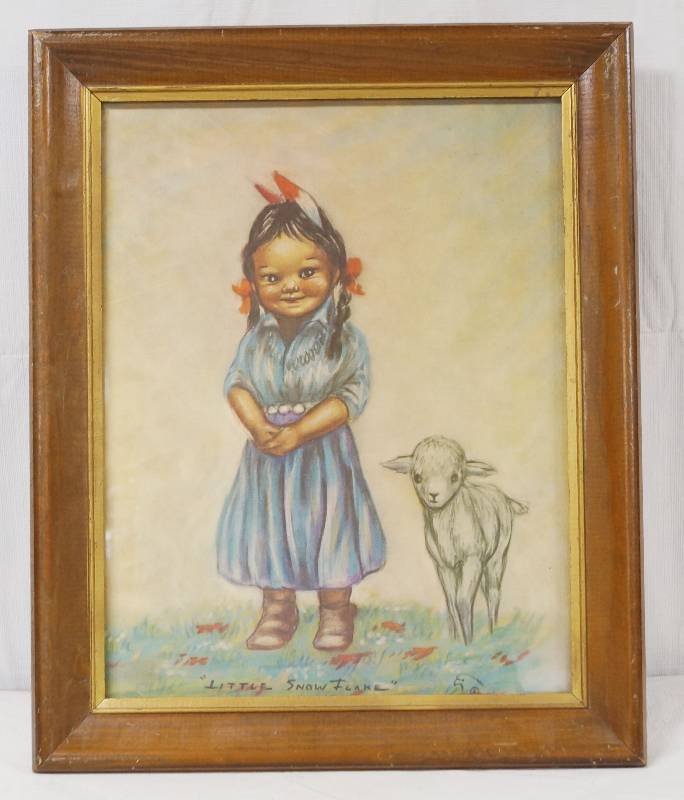 lot 4241 image: Old Print - Native American Girl w Sheep - Little Snow Flake In frame - In Very Good Condition