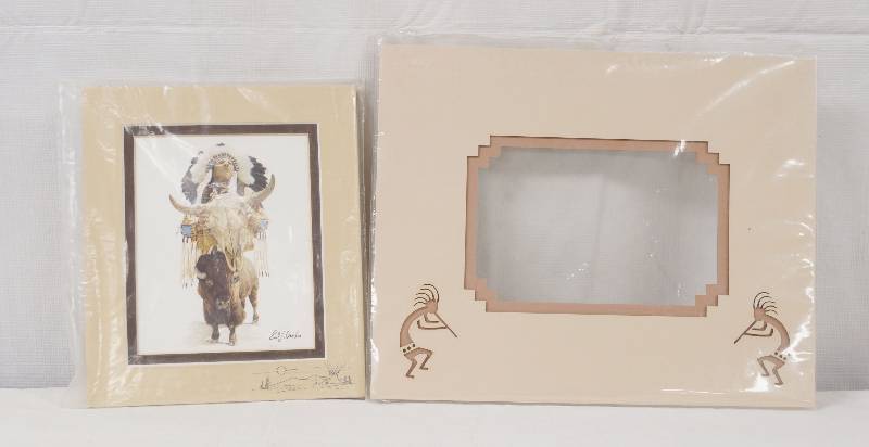 lot 4247 image: Native American Print by Earl Cacho - Matted and Ready to Frame - & Laser Cut (NEW) Kokopelli  Mat Ready for Framing - NICE