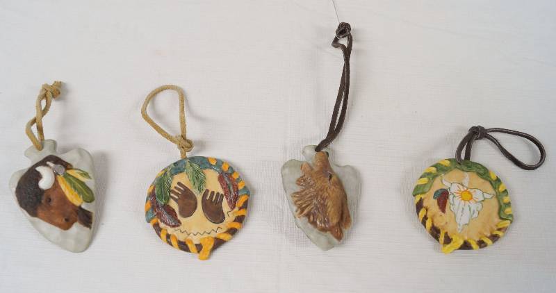 lot 4251 image: Set of 4 Native American Themed Ceramic Christmas Ornaments w Leather Hangers - NICE