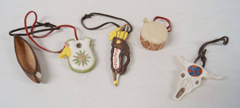 lot 4253 image: Set of 5 Native American Themed Ceramic Christmas Ornaments w Leather Hangers - NICE
