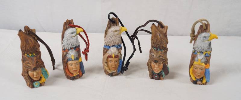lot 4254 image: Set of 5 Native American Themed Ceramic Christmas Ornaments w Leather Hangers - NICE