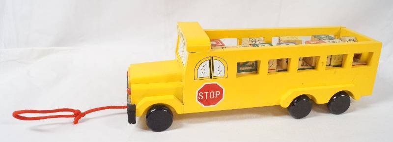 lot 4283 image: Wooden School Bus Pull Toy with Letter Blocks - COOL