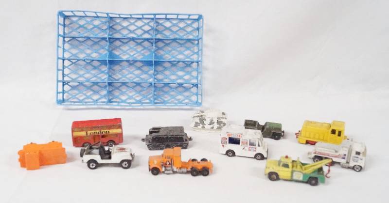 lot 4285 image: Lot of Matchbox-sized Cars - Some Vintage - See pics - comes w storage tray