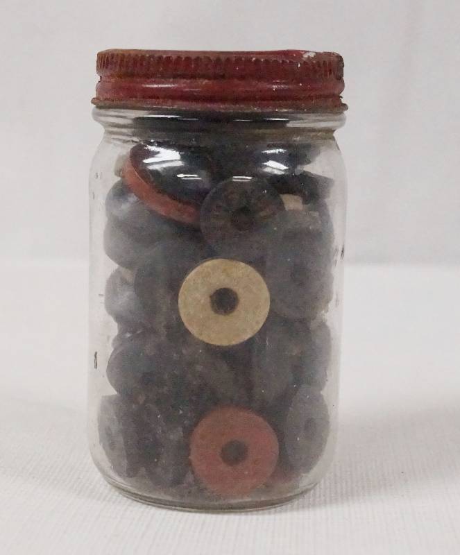 lot 4178B image: Glass Jar of Old Rubber and Leather Washers