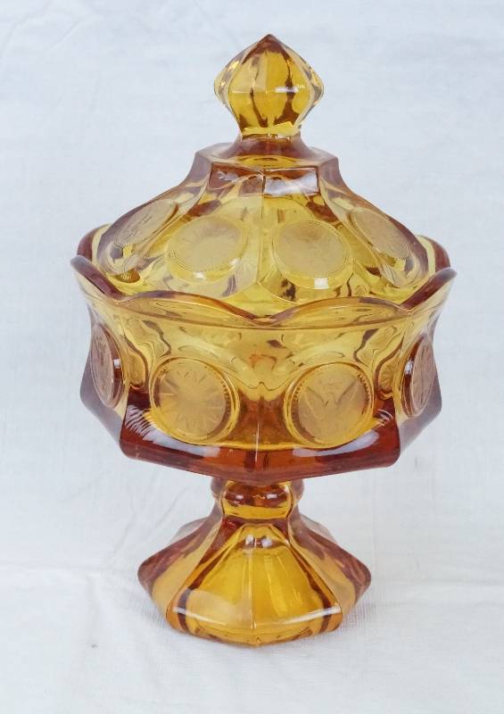 lot 4403 image: Beautiful COIN GLASS Dish with Lid - If you Havent Seen Coin Glass Before, Take a Close Look Really Cool
