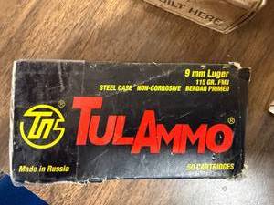 lot 727 image: Tulammo 9mm Steel Case Ammunition Box 50 rnds 115g