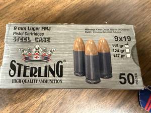 lot 745 image: Sterling 9mm Luger FMJ Steel Case Ammunition Box - 50 Rounds