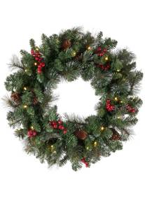 lot 75163 image: National Tree Company Pre-Lit Artificial Christmas Wreath, Green, Crestwood Spruce, White Lights, Decorated with Pine Cones, Berry Clusters, Frosted Branches, Christmas Collection, 24 Inches