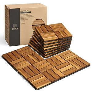 lot 75171 image: THYOI 10 Pcs Interlocking Deck Tiles 12 x 12 Patio Flooring Outdoor Waterproof Acacia Wood Tiles All Weather Floor Tiles for Balcony Backyard Indoor and Outdoor use (Square Joint Golden Teak)