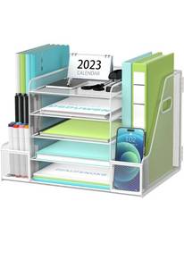 lot 75177 image: SUPEASY Mesh Desk Organizer with File Holder, 5-Tier Paper Letter Tray Organizer with Magazine Holder, Desktop Organizer and Storage for Office Supplies Home or School, White