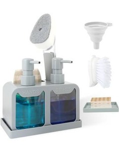 lot 75179 image: 6-in-1 Kitchen Hand Soap and Dish Soap Dispenser Set, Dual Soap Dispenser with Sponge Caddy, 3 Sponges, Brush, Funnel and Slicone Tray for Kitchen Sink Countertop, Kitchen Gadgets, Grey