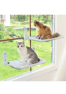 lot 75192 image: 2PC Cat Window Perch Cordless Foldable Cat Hammock Bed for Window with Metal Frame and Reversible Cover, Large Suction Cups Window Resting Seat for Indoor Cats (Cat Bed, L-2PC)