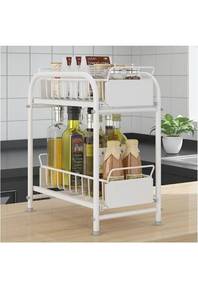 lot 75203 image: Dxcaicc Under Sink Organizers Basket,2-Tier Spice Rack Organizer for Cabinet,Slide Out Spice Rack,Pull Out Storage Rack with PP Plastic Sheet,for Bathroom Kitchen Storage,White,Small
