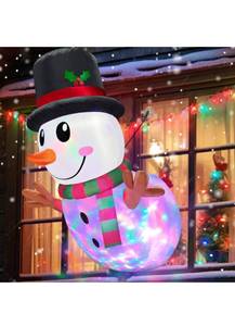 lot 75207 image:  Rotating Colorful Magic Lights  4 Ft Christmas Inflatable Snowman Lean Out from Window Outdoor Christmas Decorations Blow Up with LED Lights Xmas Decor Party Outside Indoor Yard Garden Lawn Home