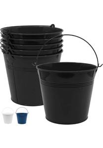 lot 75246 image: 5 Pack Black Metal Buckets with Handle - 6 inch Colored Galvanized Tin Pails, Best Choice for Kids, Party, Wedding, Crafts, Utensils, Table Centerpieces