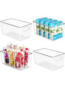 lot 75247 image: YIHONG Clear Plastic Storage Bins, 4 Pack Small Pantry Organizer Bins with Handle for Kitchen, Freezer,Cabinet,Closet Organization and Storage