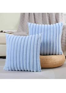lot 75248 image: FUTEI Light Blue Striped Decorative Throw Pillow Covers 18x18 Inch Set of 2,Square Winter Decorations Couch Pillow Case,Soft Cozy Faux Rabbit Fur & Velvet Back,Modern Home Decor for Bed
