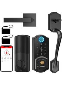 lot 75261 image: Smart Lock Front Door, SMONET Keyless Entry Door Lock with Handle, Smart Front Door Lock Set Fingerprint Smart Deadbolt Bluetooth Electronic Digital Keypad Lock,Auto Lock Work with Alexa,Black