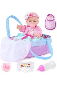 lot 75285 image: Realistic Baby Dolls 12 Inch Girl Baby Doll with Accessories and Clothes Includes Blanket,Carrier Bassinet Bed,Pacifier,Feeding Bottles Newborn Nursery Toys for Toddlers 3 Ages and Up