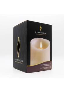 lot 75313 image: Luminara Flameless Pillar Candle - Moving Flame LED Battery Operated Lights with Real Vanilla Scented Wax - Remote Ready - Remote Sold Separetely - Ivory White - 3.5 x 5