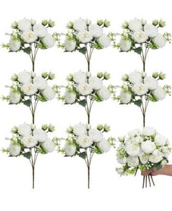 lot 75327 image: ) Crowye 8 Bundles Artificial Peonies Realistic Flowers with Stems Bouquet Peonies for Table Centerpieces Wedding Decoration Bridal Floral Arrangement (White)
