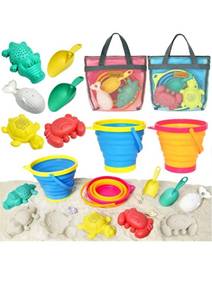 lot 75330 image: (209) Collapsible Beach Sand Toys for Kids - Travel Beach Toys with 2 Collapsible Beach Buckets, Mesh Bags, Sand Molds, Sand Scoops, Sand Bucket Shovel Set Sandbox Toys for Toddler Kid Ages 3-10