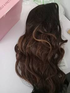 lot 75335 image: Nnzes Long Brown Wavy Wig with Highlights Middle Part Curly Wigs Lace Hairline Wigs for Women Ombre Brown Synthetic Heat Resistant Wigs for Daily Part Use 400 bought in past month