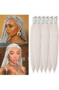lot 75338 image: Silver Grey Braiding Hair Pre Stretched Braiding Hair 26inch Long Colored Pre Stretched Braiding Hair for Black Women (Silver Grey,6pack