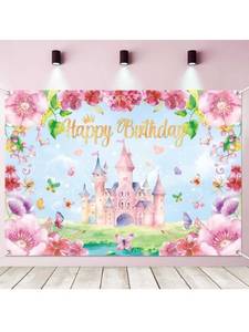 lot 75339 image: Princess Birthday Backdrop for Girls Pink Princess Castle Happy Birthday Banner Backdrop for Kids Royal Castle Butterfly Birthday Party Decorations Background Photo Props 5x3ft