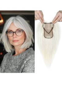 lot 75355 image: REECHO Real Human Hair Topper, 10 inch Women Hair Toppers for Thinning Hair, 100 Percent Human Hair Large Coverage Natural Hairpiece Wiglet, Swiss Base 4.5x3.5, Silver White